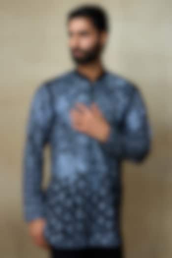 Black Silk Chanderi Printed & Embroidered Short Kurta by SHASHA GABA MEN at Pernia's Pop Up Shop