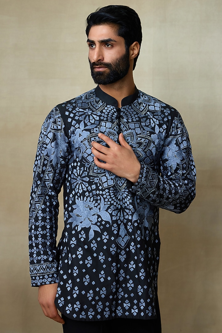 Black Silk Chanderi Printed & Embroidered Short Kurta by SHASHA GABA MEN at Pernia's Pop Up Shop