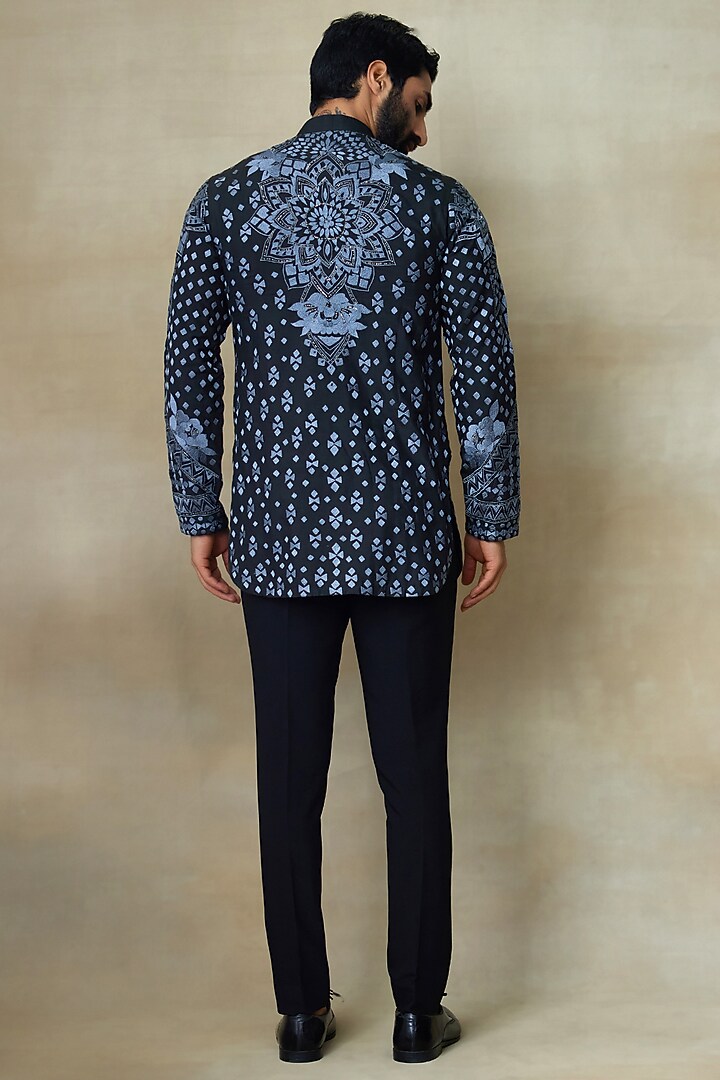 Black Silk Chanderi Printed & Embroidered Short Kurta by SHASHA GABA MEN at Pernia's Pop Up Shop