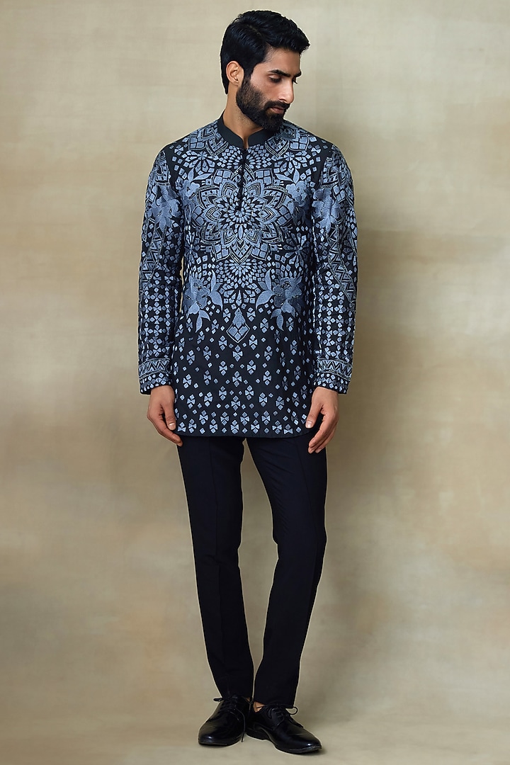 Black Silk Chanderi Printed & Embroidered Short Kurta by SHASHA GABA MEN at Pernia's Pop Up Shop