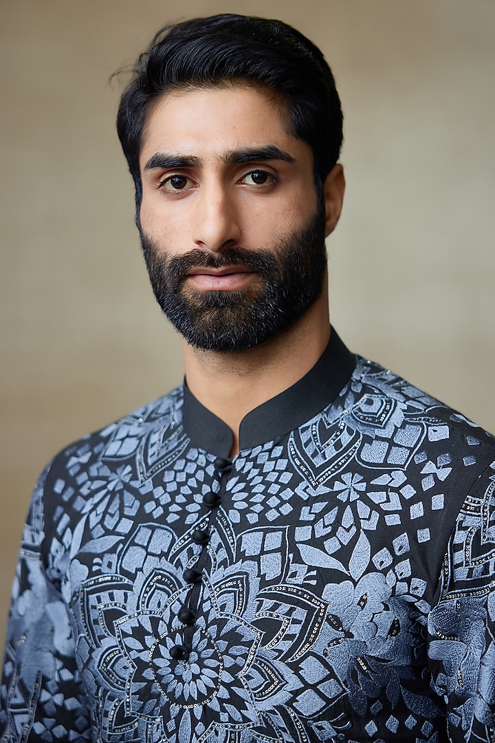 Black Silk Chanderi Printed & Embroidered Short Kurta by SHASHA GABA MEN at Pernia's Pop Up Shop