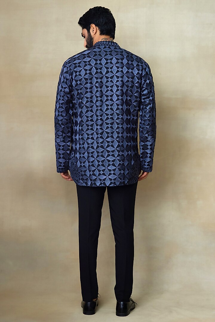 Indigo Silk Chanderi Printed & Embroidered Short Kurta by SHASHA GABA MEN at Pernia's Pop Up Shop