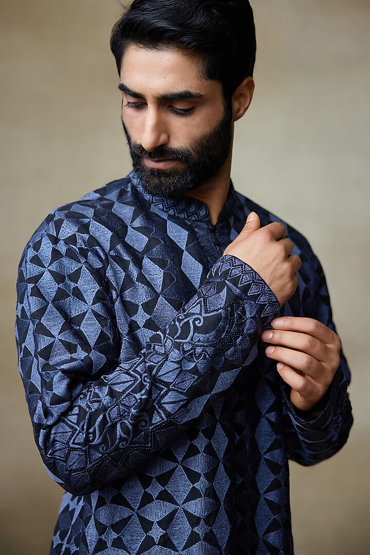 Indigo Silk Chanderi Printed & Embroidered Short Kurta by SHASHA GABA MEN at Pernia's Pop Up Shop