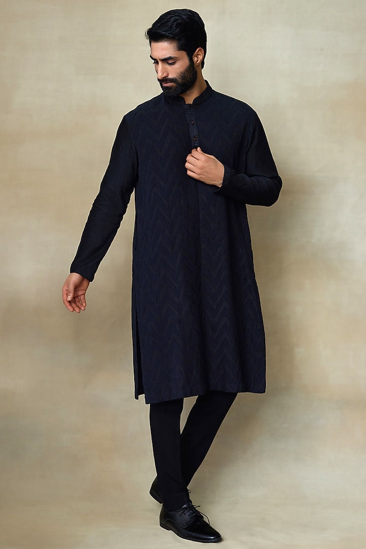 Black Silk Chanderi Printed & Embroidered Kurta by SHASHA GABA MEN at Pernia's Pop Up Shop