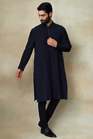 Black Silk Chanderi Printed & Embroidered Kurta by SHASHA GABA MEN