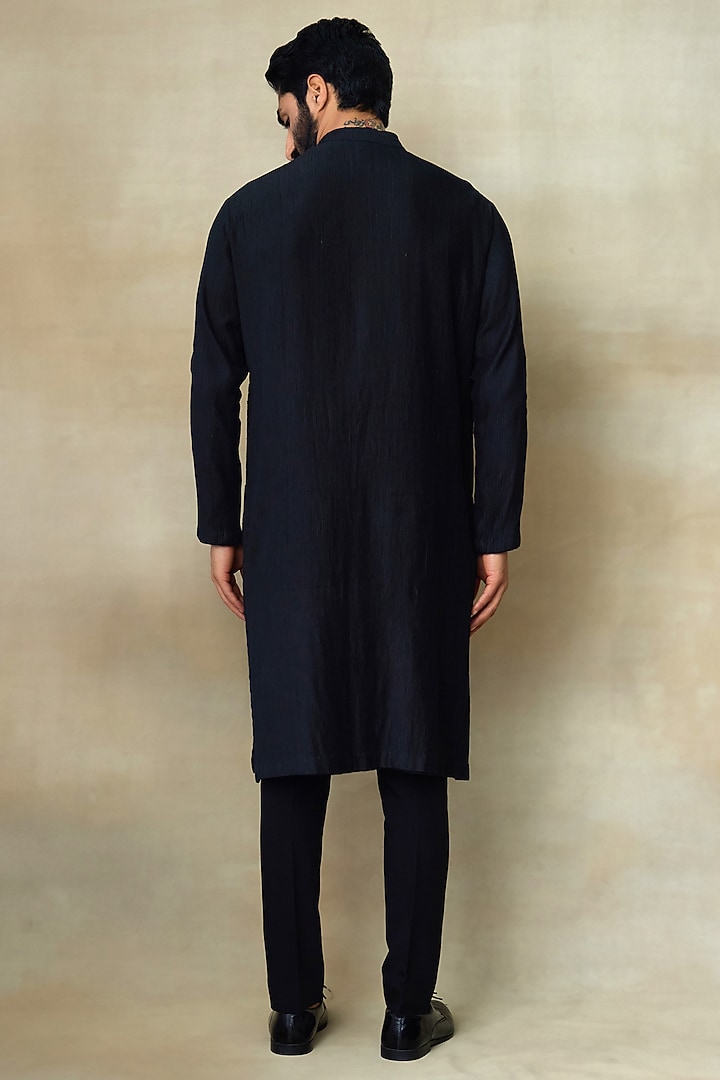 Black Silk Chanderi Printed & Embroidered Kurta by SHASHA GABA MEN at Pernia's Pop Up Shop