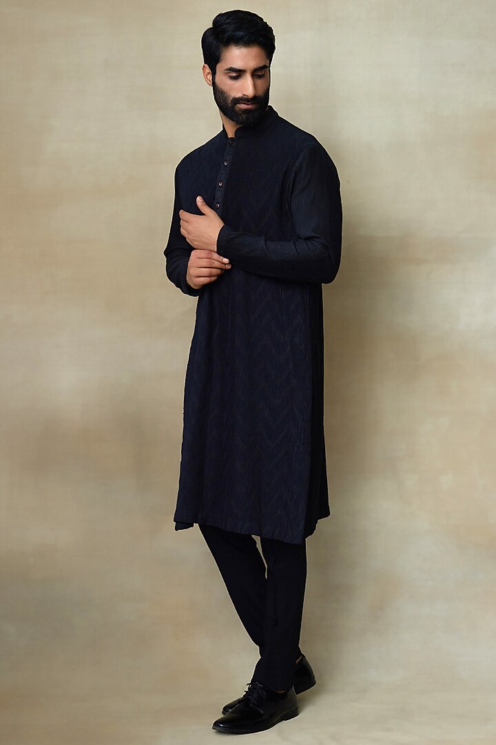 Black Silk Chanderi Printed & Embroidered Kurta by SHASHA GABA MEN at Pernia's Pop Up Shop