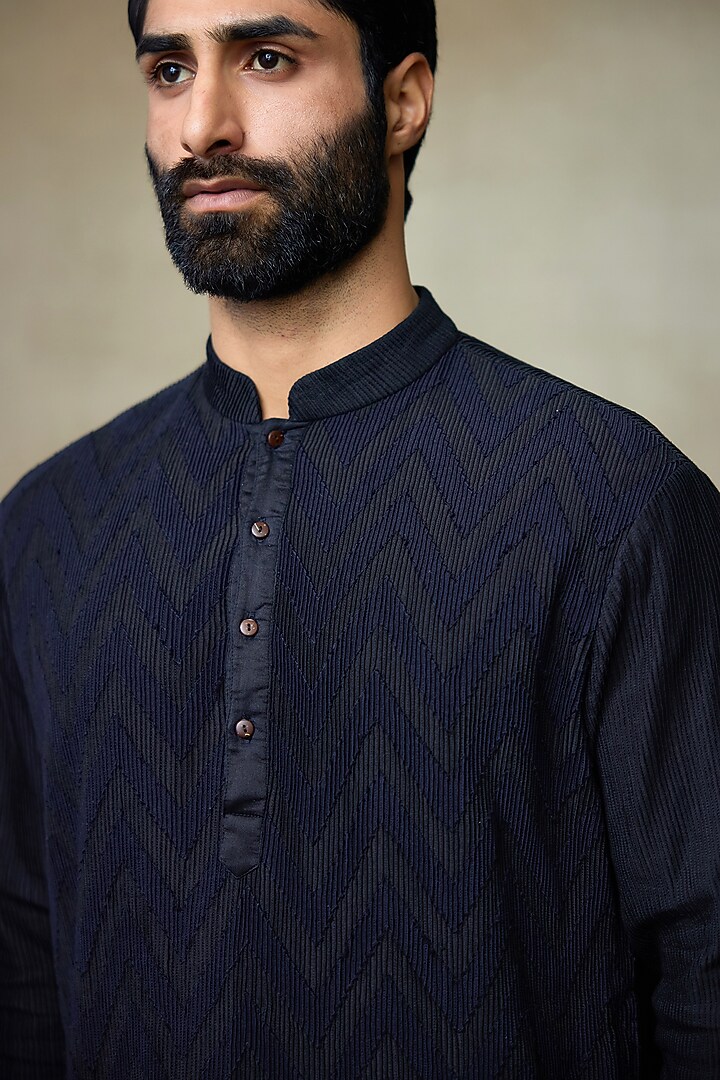 Black Silk Chanderi Printed & Embroidered Kurta by SHASHA GABA MEN at Pernia's Pop Up Shop