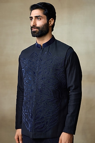 Black Silk Chanderi Printed & Embellished Bundi Jacket by SHASHA GABA MEN