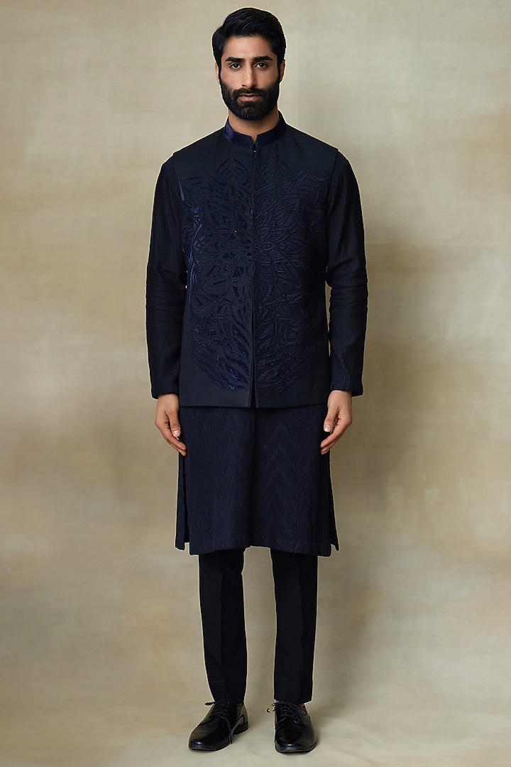 Black Silk Chanderi Printed & Embellished Bundi Jacket by SHASHA GABA MEN at Pernia's Pop Up Shop