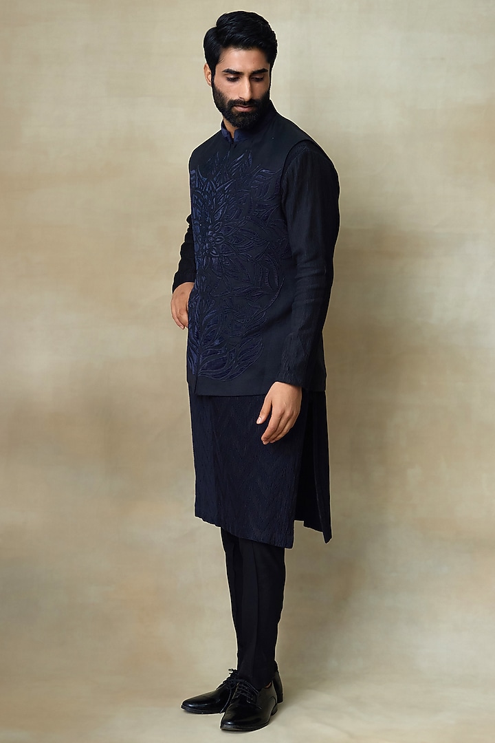 Black Silk Chanderi Printed & Embellished Bundi Jacket by SHASHA GABA MEN at Pernia's Pop Up Shop