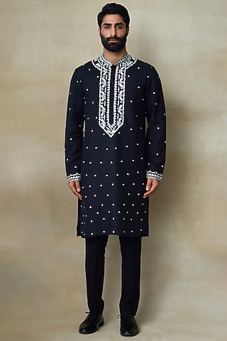 Black Silk Chanderi Printed & Embroidered Kurta by SHASHA GABA MEN