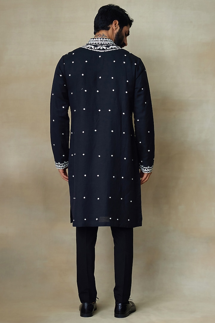 Black Silk Chanderi Printed & Embroidered Kurta by SHASHA GABA MEN at Pernia's Pop Up Shop