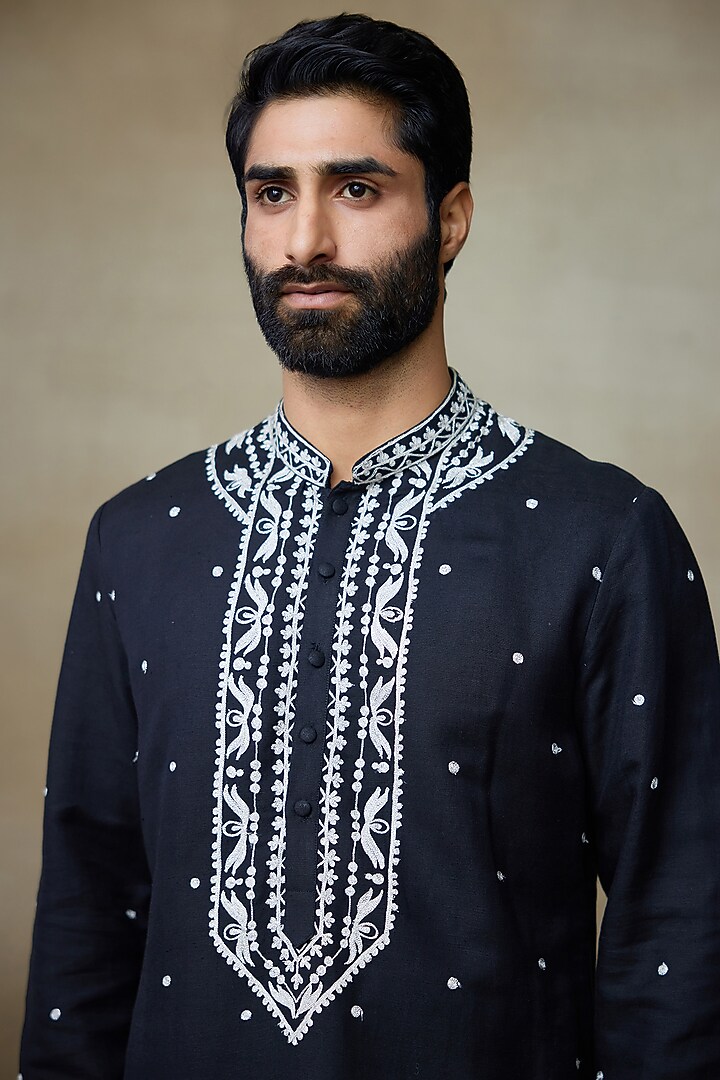 Black Silk Chanderi Printed & Embroidered Kurta by SHASHA GABA MEN at Pernia's Pop Up Shop