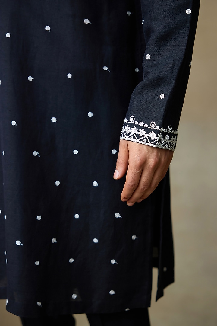 Black Silk Chanderi Printed & Embroidered Kurta by SHASHA GABA MEN at Pernia's Pop Up Shop