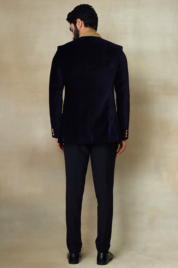 Black Silk Velvet Zari Embellished Groom Bandhgala by SHASHA GABA MEN at Pernia's Pop Up Shop