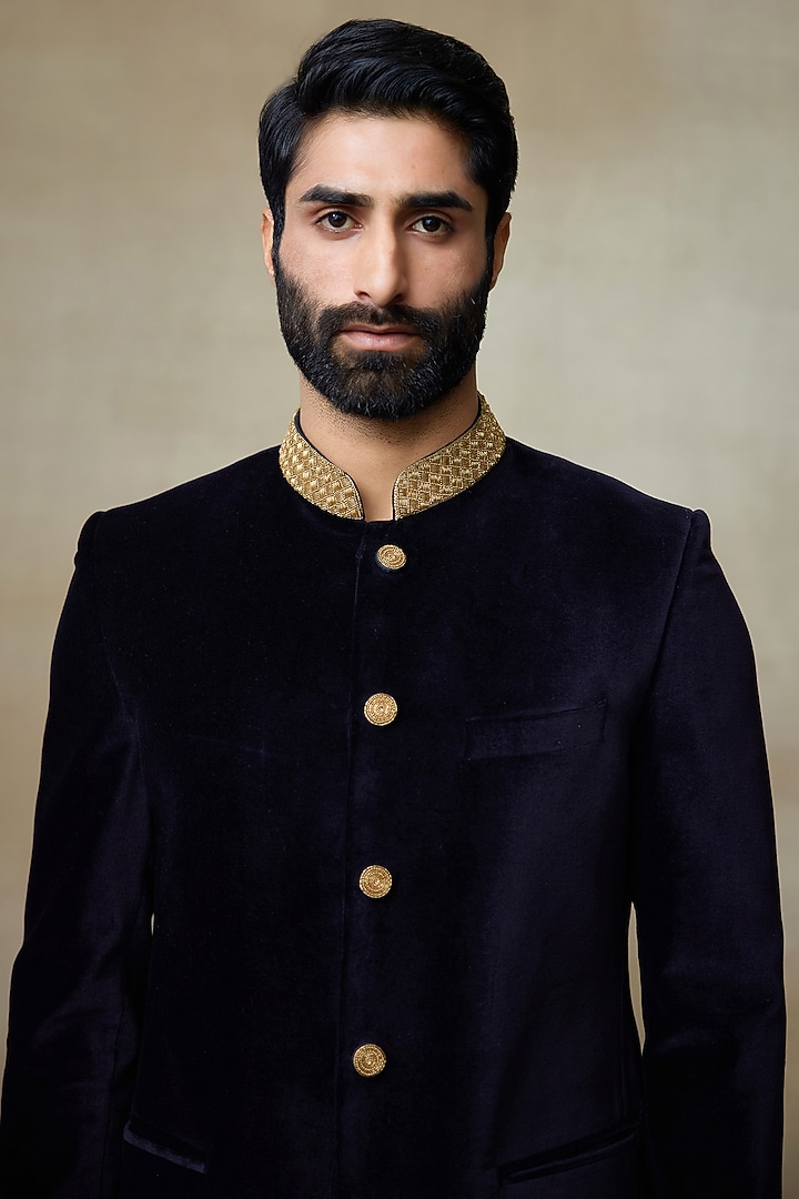 Black Silk Velvet Zari Embellished Groom Bandhgala by SHASHA GABA MEN at Pernia's Pop Up Shop