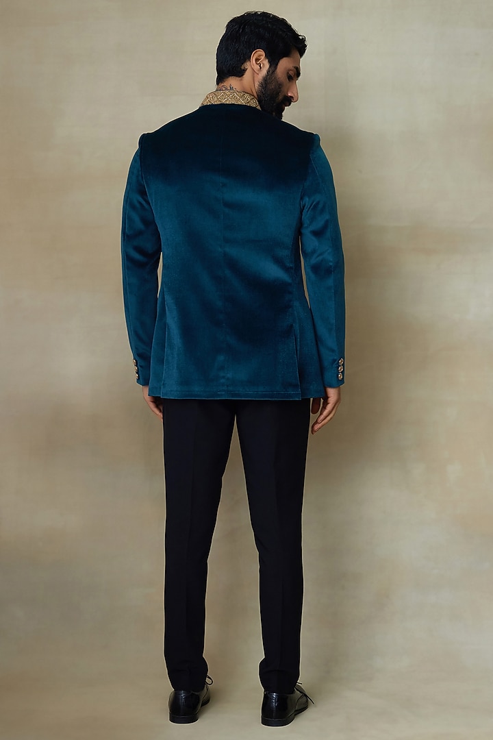 Royal Green Silk Velvet Zari Embellished Groom Bandhgala by SHASHA GABA MEN at Pernia's Pop Up Shop