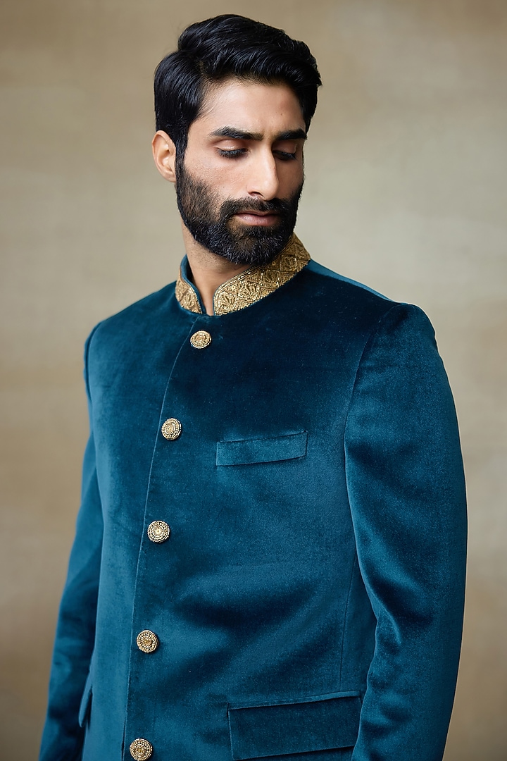 Royal Green Silk Velvet Zari Embellished Groom Bandhgala by SHASHA GABA MEN at Pernia's Pop Up Shop