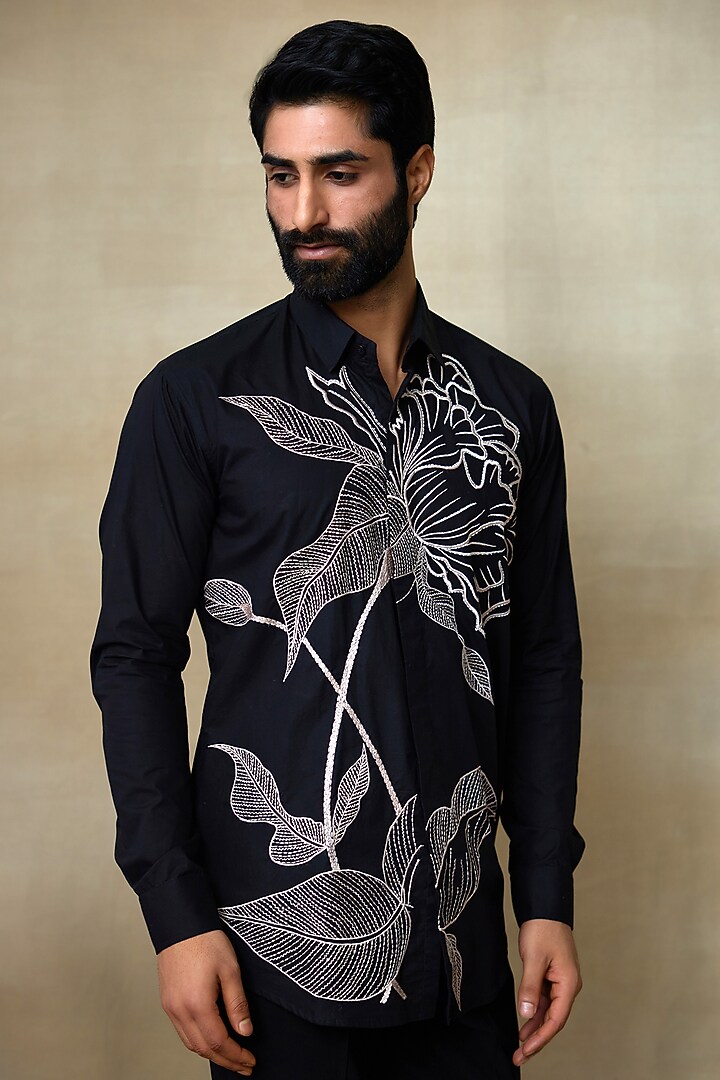Black Cotton Resham Embroidered Wedding Shirt by SHASHA GABA MEN at Pernia's Pop Up Shop