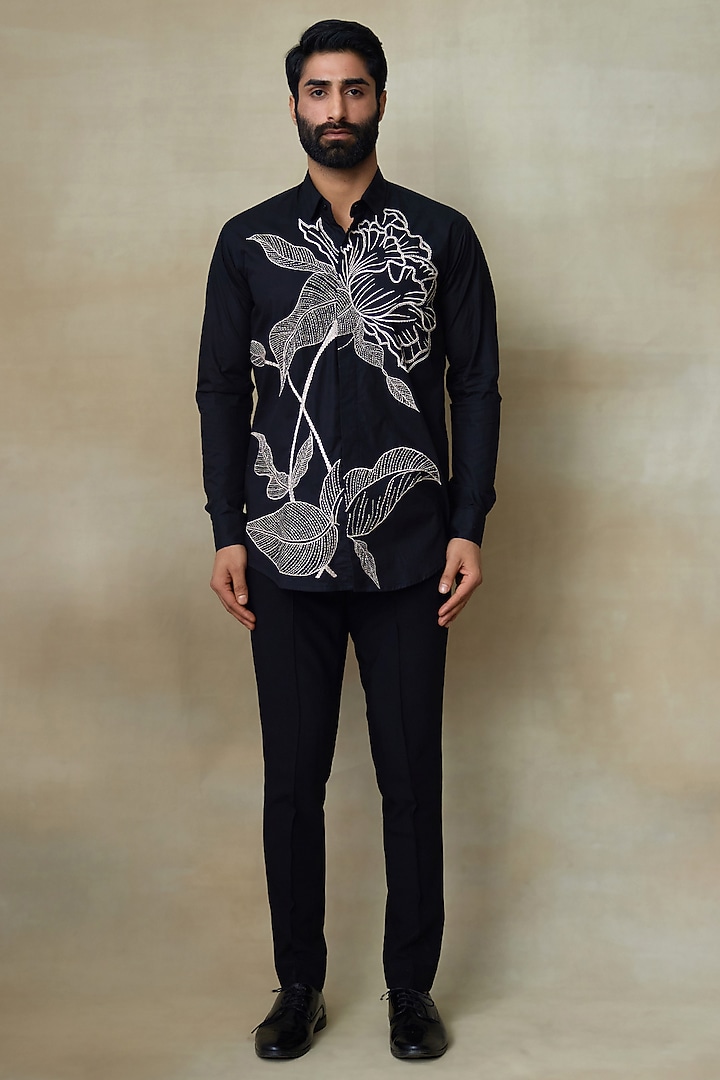 Black Cotton Resham Embroidered Wedding Shirt by SHASHA GABA MEN at Pernia's Pop Up Shop