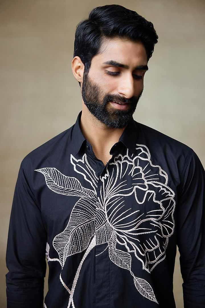 Black Cotton Resham Embroidered Wedding Shirt by SHASHA GABA MEN at Pernia's Pop Up Shop