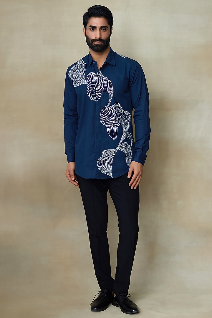 Blue Cotton Resham Embroidered Wedding Shirt by SHASHA GABA MEN at Pernia's Pop Up Shop