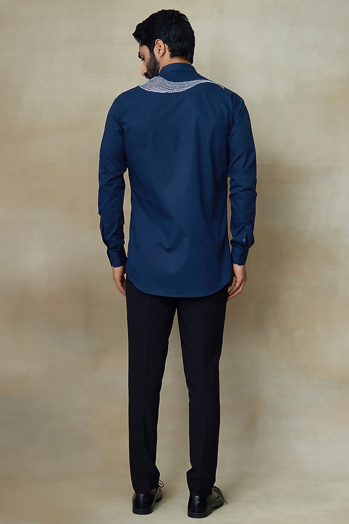 Blue Cotton Resham Embroidered Wedding Shirt by SHASHA GABA MEN at Pernia's Pop Up Shop