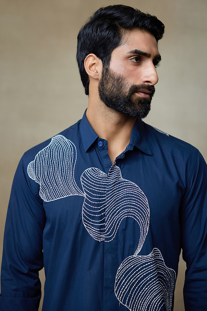 Blue Cotton Resham Embroidered Wedding Shirt by SHASHA GABA MEN at Pernia's Pop Up Shop