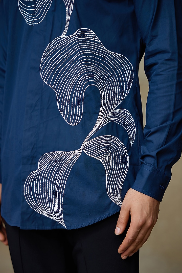Blue Cotton Resham Embroidered Wedding Shirt by SHASHA GABA MEN at Pernia's Pop Up Shop