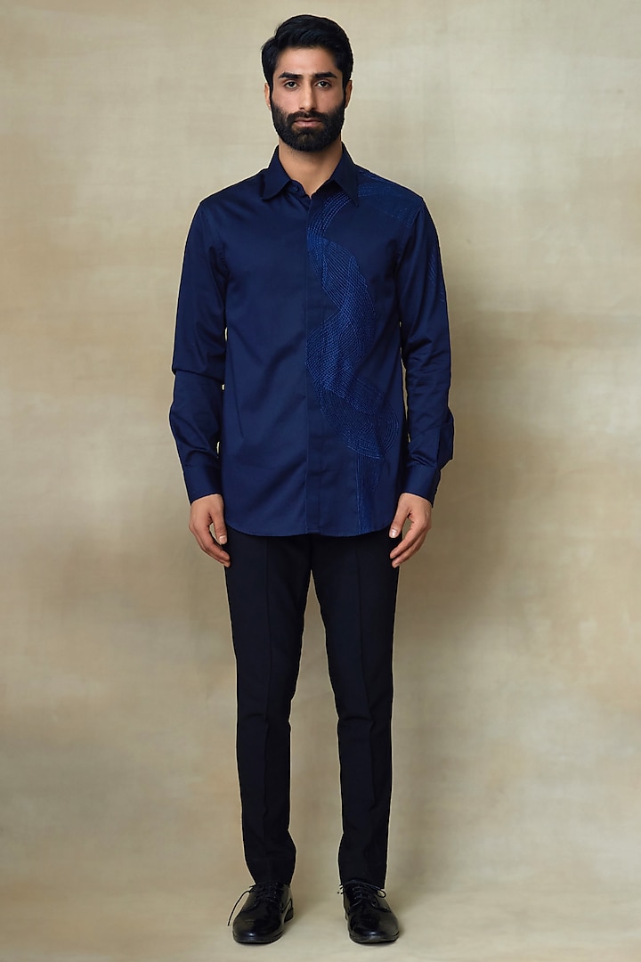 Blue Cotton Resham Embroidered Shirt by SHASHA GABA MEN