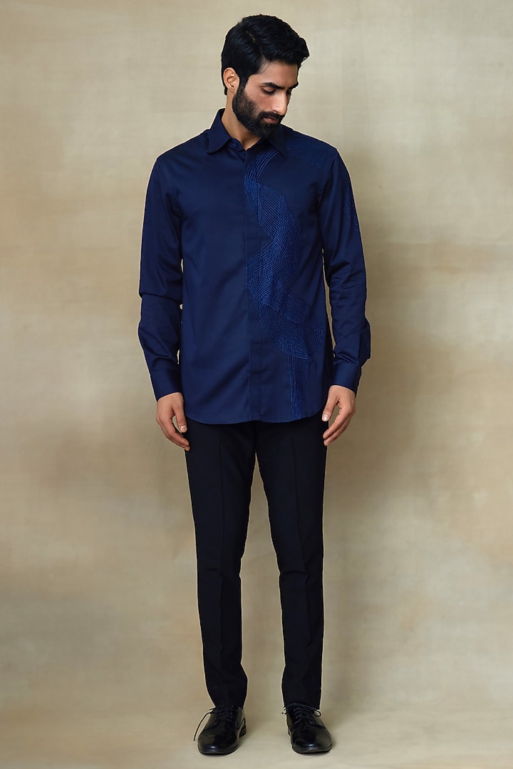 Blue Cotton Resham Embroidered Wedding Shirt by SHASHA GABA MEN at Pernia's Pop Up Shop