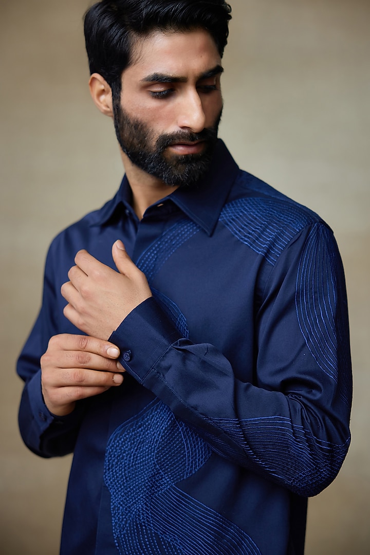 Blue Cotton Resham Embroidered Wedding Shirt by SHASHA GABA MEN at Pernia's Pop Up Shop