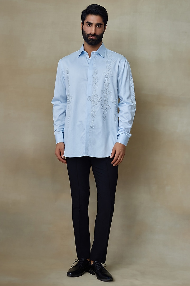 Blue Cotton Resham Embroidered Shirt by SHASHA GABA MEN