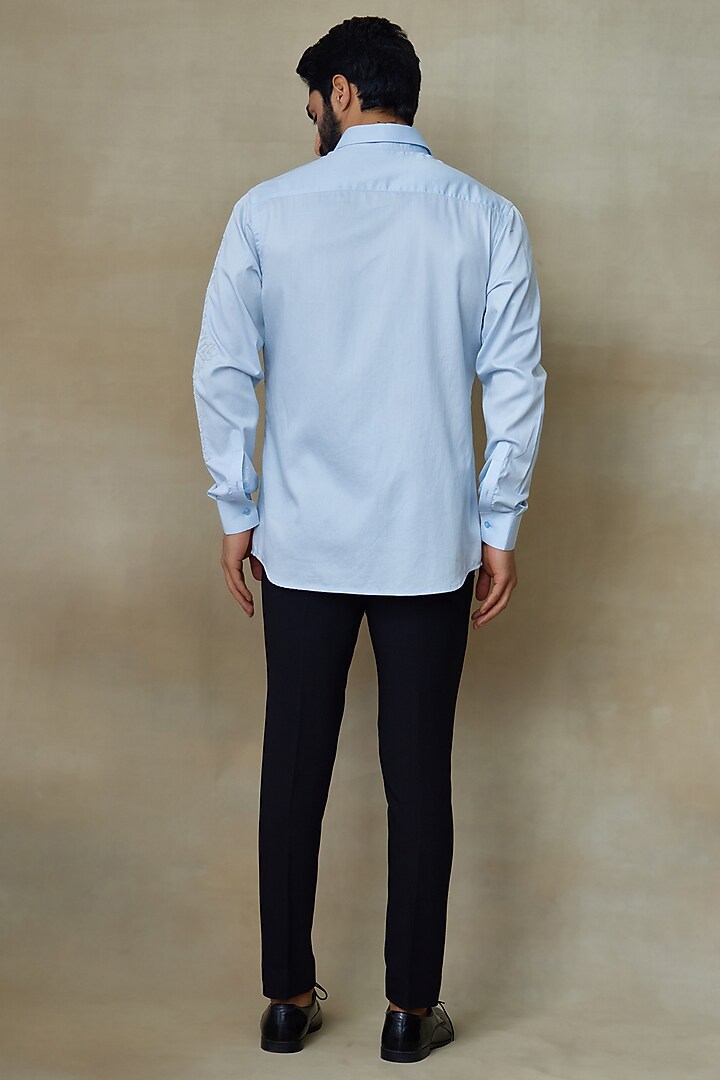 Blue Cotton Resham Embroidered Wedding Shirt by SHASHA GABA MEN at Pernia's Pop Up Shop