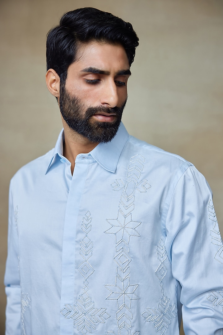 Blue Cotton Resham Embroidered Wedding Shirt by SHASHA GABA MEN at Pernia's Pop Up Shop