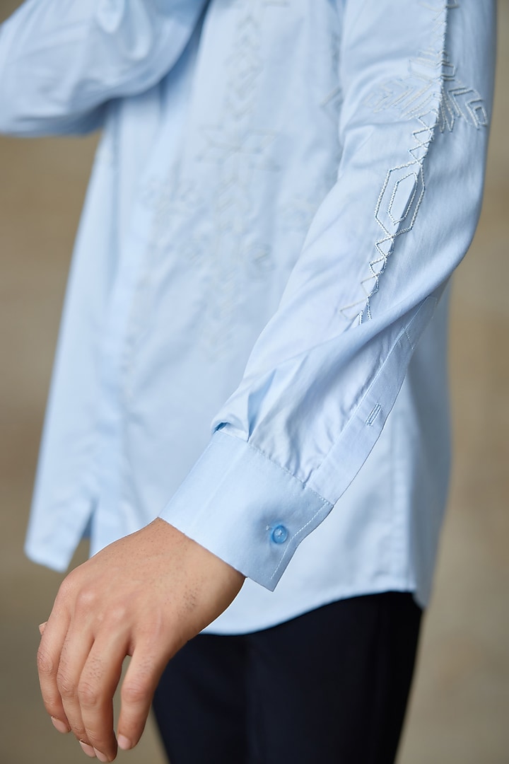 Blue Cotton Resham Embroidered Wedding Shirt by SHASHA GABA MEN at Pernia's Pop Up Shop