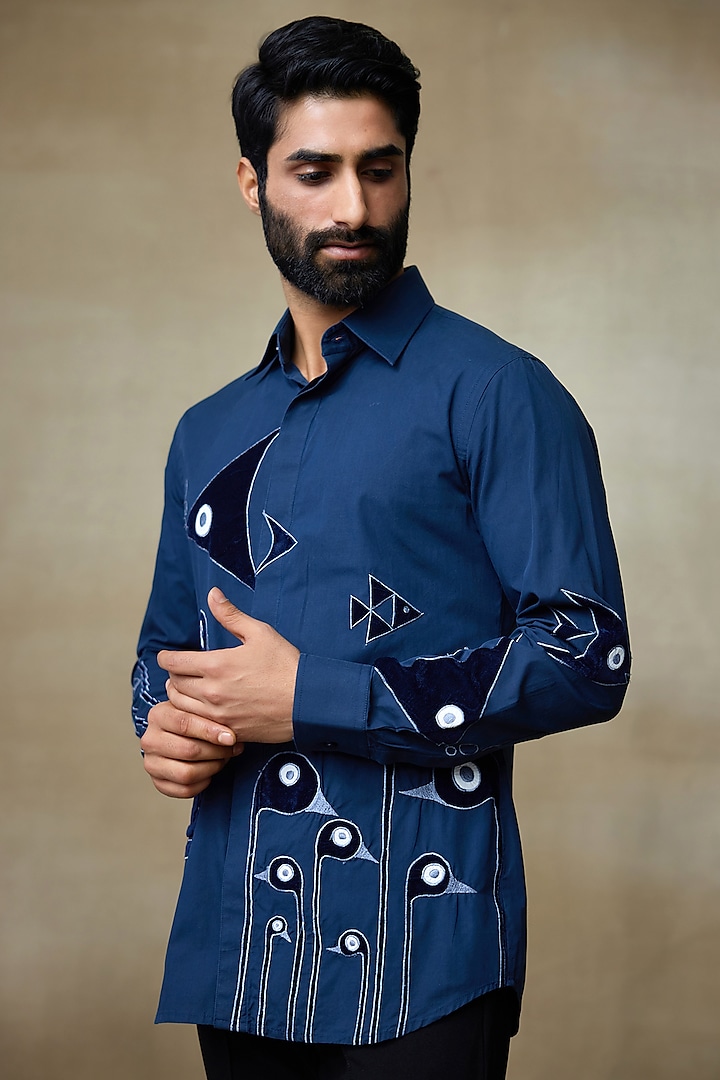 Blue Cotton Resham Embroidered Shirt by SHASHA GABA MEN