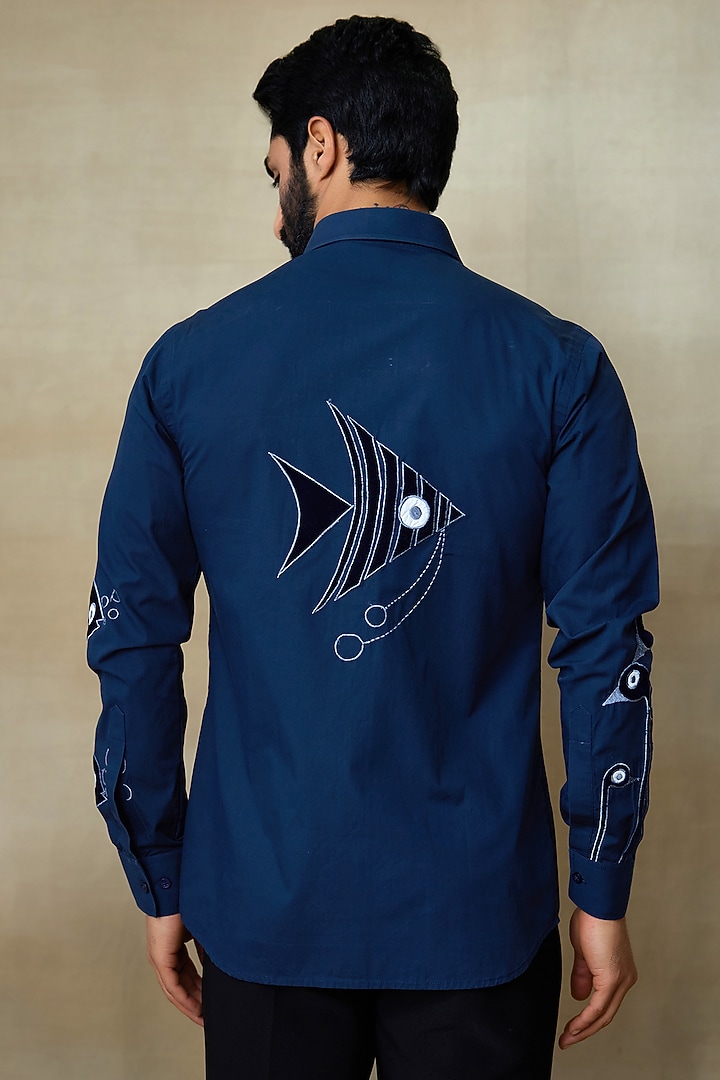 Blue Cotton Resham Embroidered Wedding Shirt by SHASHA GABA MEN at Pernia's Pop Up Shop