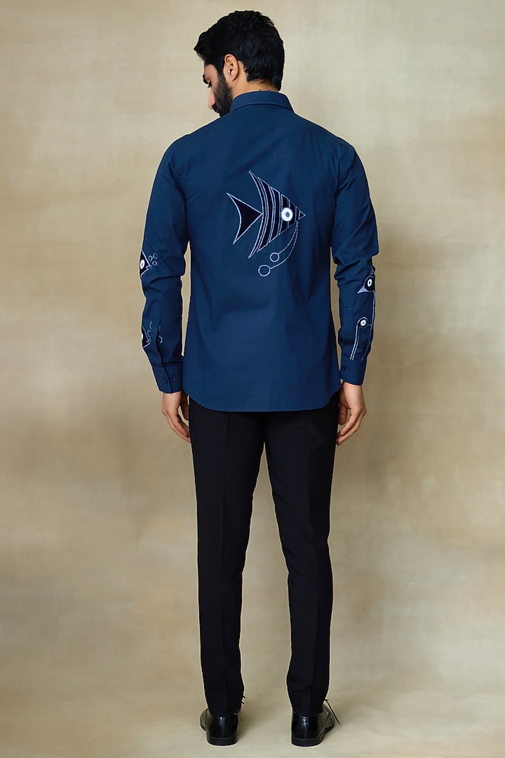 Blue Cotton Resham Embroidered Wedding Shirt by SHASHA GABA MEN at Pernia's Pop Up Shop