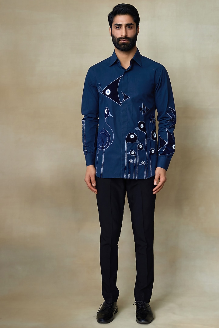 Blue Cotton Resham Embroidered Wedding Shirt by SHASHA GABA MEN at Pernia's Pop Up Shop