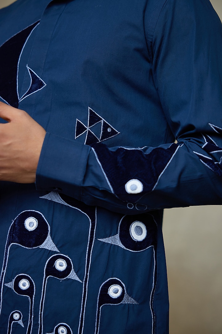 Blue Cotton Resham Embroidered Wedding Shirt by SHASHA GABA MEN at Pernia's Pop Up Shop