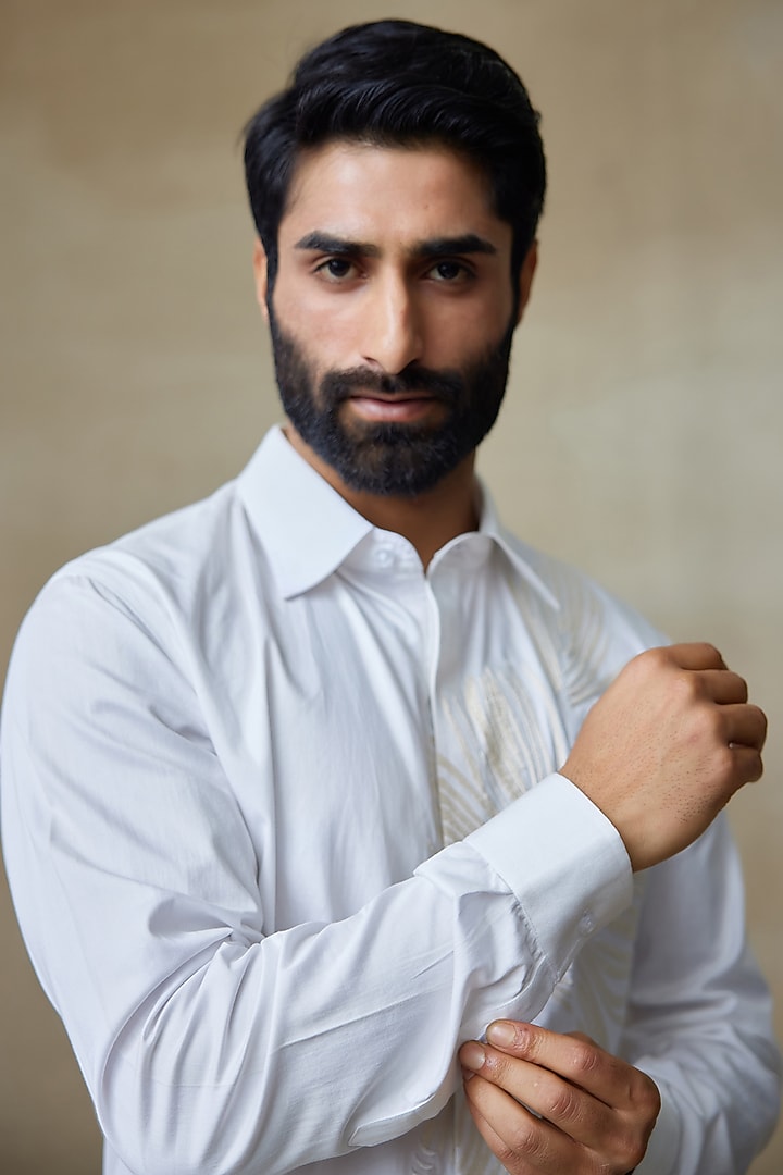 Blue Cotton Resham Embroidered Wedding Shirt by SHASHA GABA MEN at Pernia's Pop Up Shop