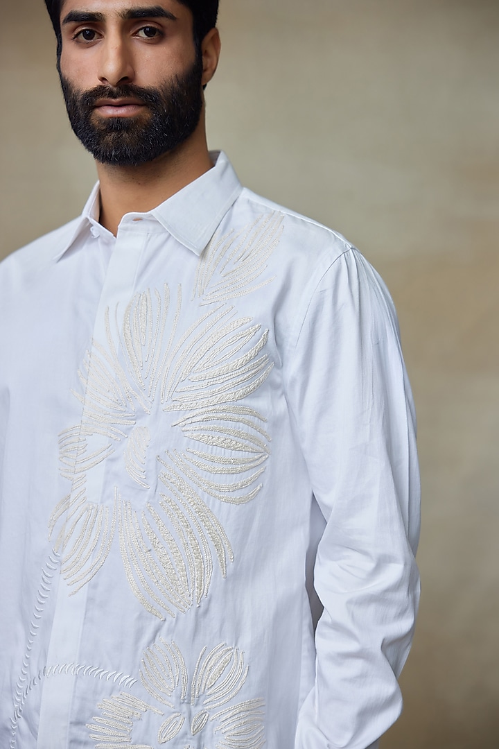 Blue Cotton Resham Embroidered Wedding Shirt by SHASHA GABA MEN at Pernia's Pop Up Shop