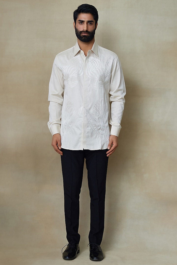 Ivory Cotton Resham Embroidered Shirt by SHASHA GABA MEN at Pernia's Pop Up Shop