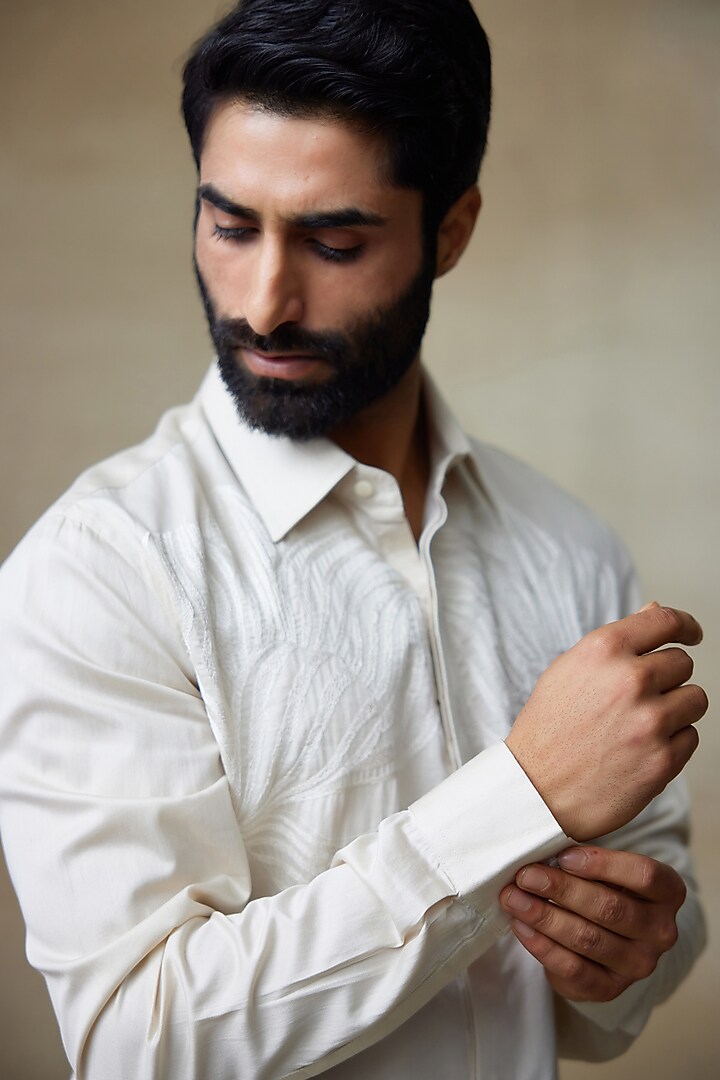 Ivory Cotton Resham Embroidered Wedding Shirt by SHASHA GABA MEN at Pernia's Pop Up Shop