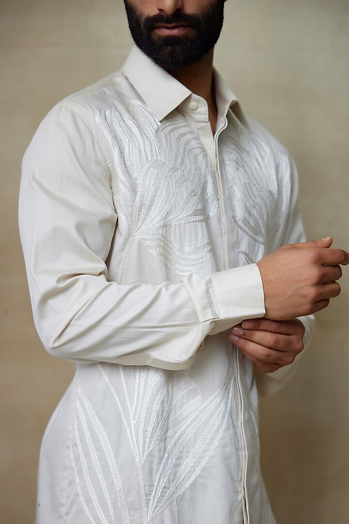 Ivory Cotton Resham Embroidered Wedding Shirt by SHASHA GABA MEN at Pernia's Pop Up Shop