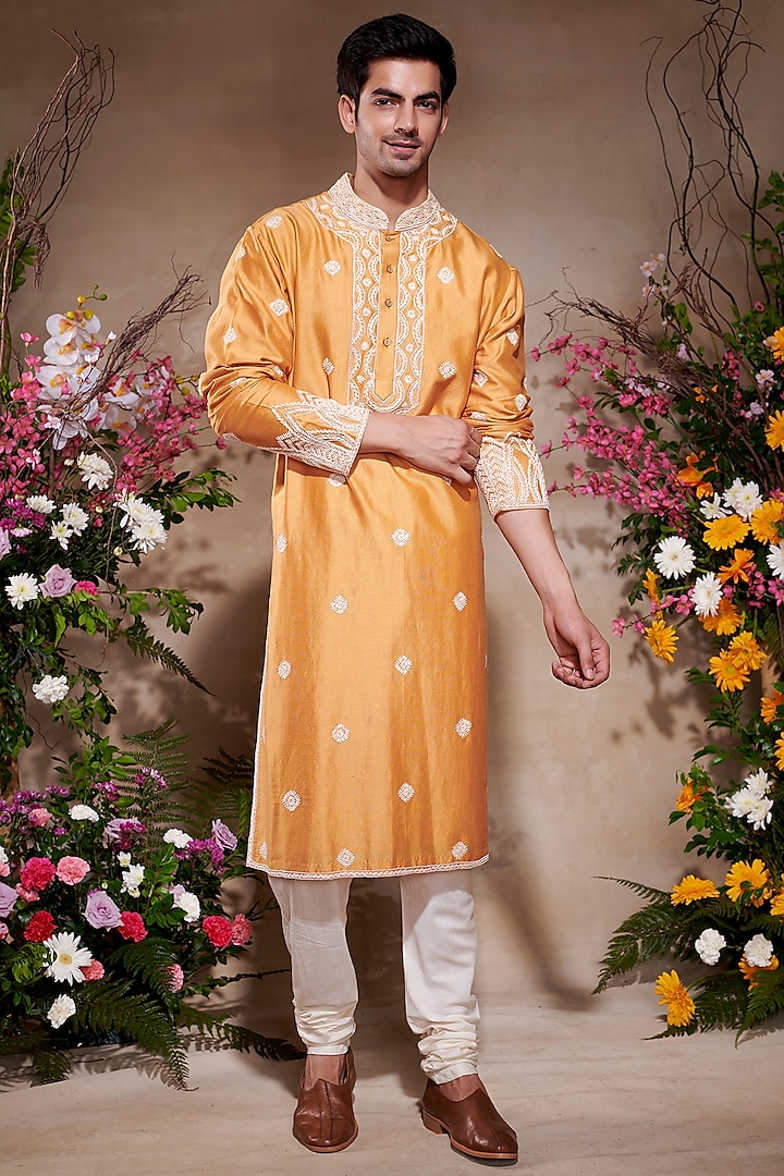 Yellow Silk Chanderi Printed & Embroidered Kurta by SHASHA GABA MEN