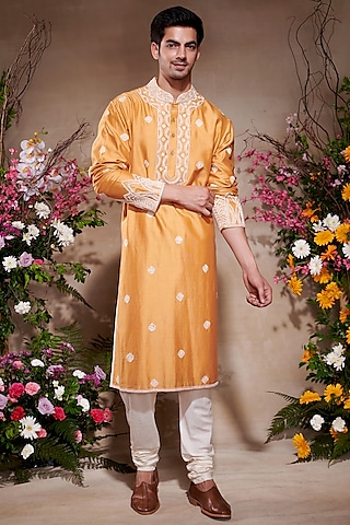 Yellow Silk Chanderi Printed & Embroidered Kurta by SHASHA GABA MEN