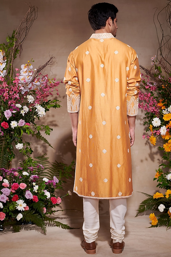 Yellow Silk Chanderi Printed & Embroidered Kurta by SHASHA GABA MEN at Pernia's Pop Up Shop